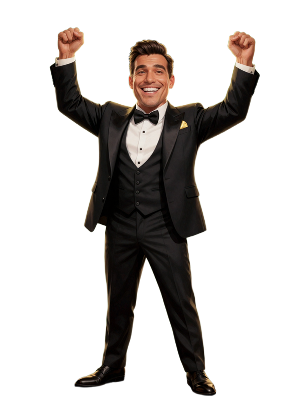 BillionaireSpin Casino Maskottchen - Der Billion&auml;r im Tuxedo feiert seinen Jackpot-Gewinn