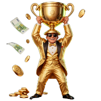 BillionaireSpin VIP Maskottchen feiert mit Goldpokal - Jetzt VIP-Status erreichen