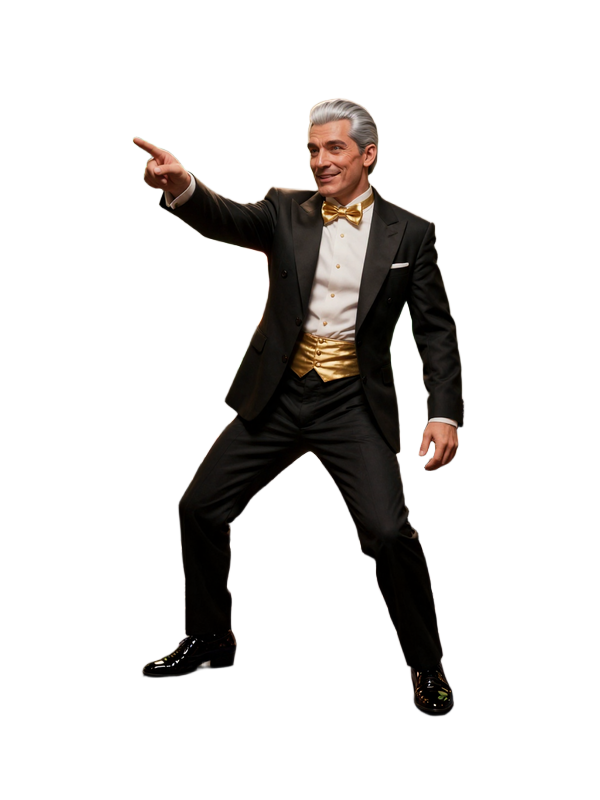 BillionaireSpin Maskottchen - Der Billion&auml;r im Tuxedo am Live-Casino-Tisch mit siegreichem Blick