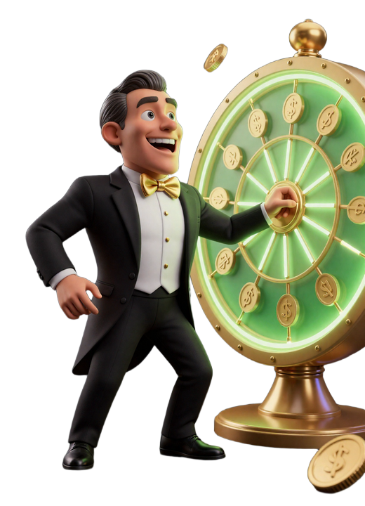 BillionaireSpin Maskottchen - Der Billion&auml;r dreht das Gl&uuml;cksrad und gewinnt Casino-Boni