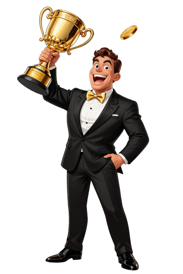 BillionaireSpin VIP Maskottchen im Smoking mit Goldpokal - VIP Casino Echtgeld Status